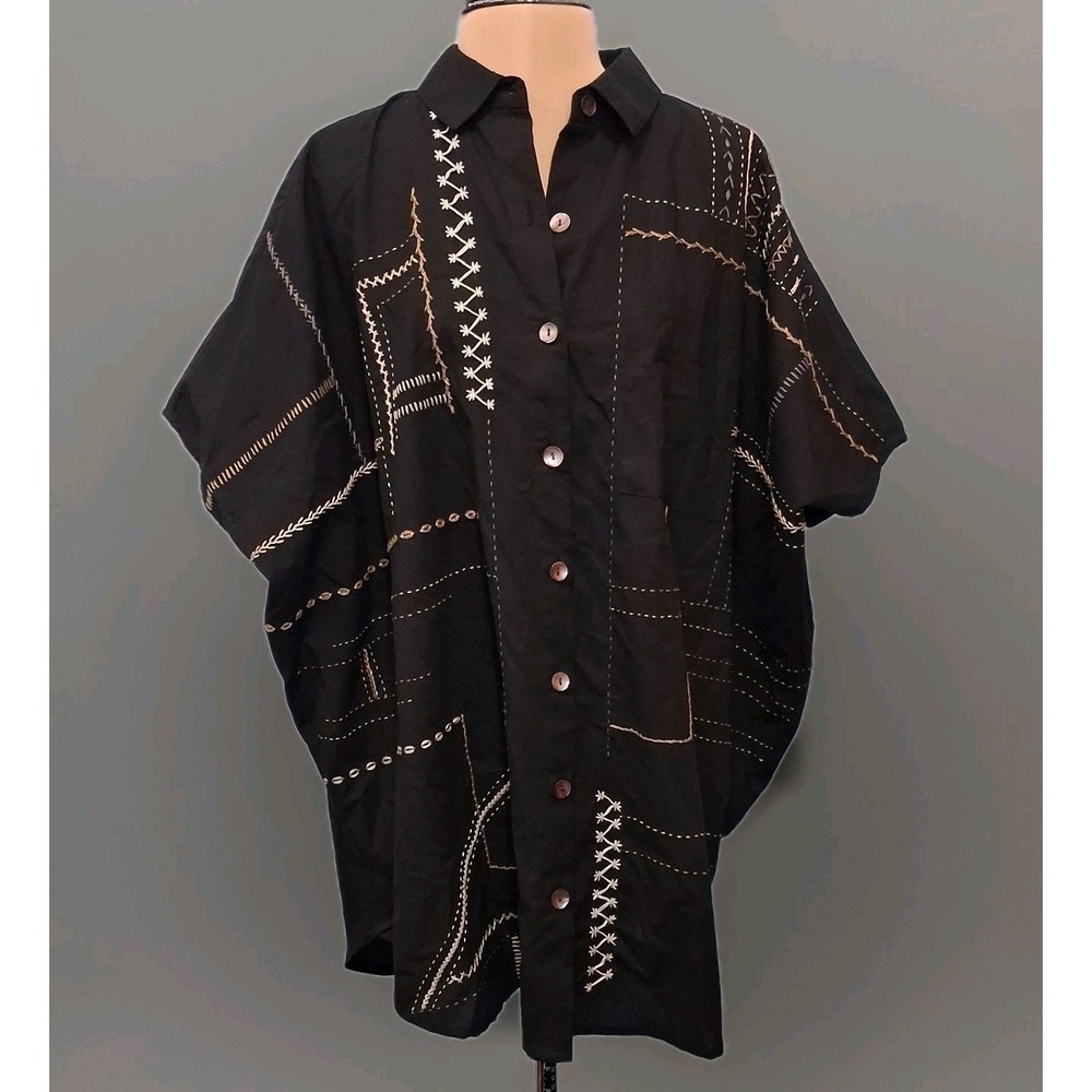 Marketplace of India Tunic Top Sz XS/S Button Up Batwing Embroidered‎ Lagenlook